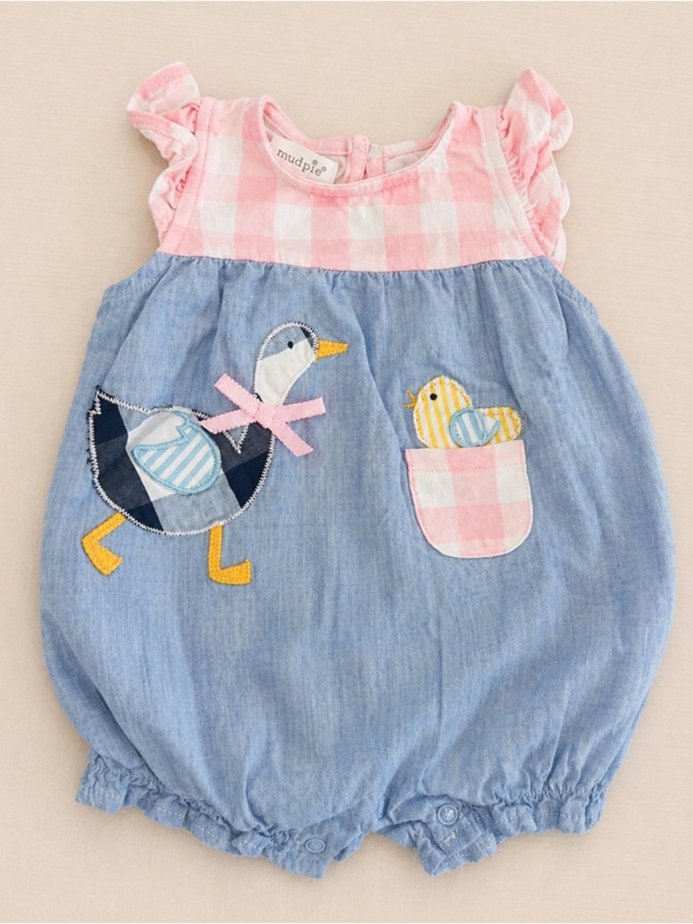 Mud Pie Pink and Blue Gingham Chick Appliqué Baby One-Piece